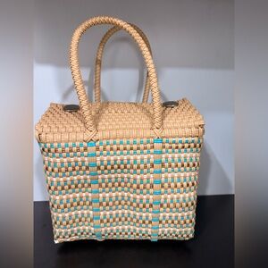 Mexican Woven plastic Tote Bag with Turquoise Accent - new